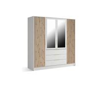 Armoire 4 portes et 3 tiroirs - Avec miroir - L196 cm - Coloris : Naturel et Blanc - LIRMADA