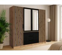Armoire 4 portes et 3 tiroirs - Avec miroir - L196 cm - Coloris : Naturel et noir - LIRMADA
