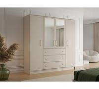 Armoire 4 portes et 3 tiroirs - Avec miroirs - L196 cm - Beige et doré - LIZANDRO