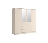 Armoire 4 portes et 3 tiroirs - Avec miroirs - L196 cm - Beige et doré - LIZANDRO