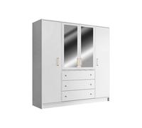 Armoire 4 portes et 3 tiroirs - Avec miroirs - L196 cm - Blanc - LIZANDRO
