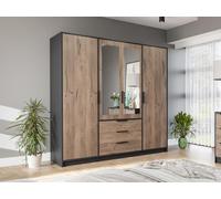 Armoire 4 portes et 3 tiroirs - Avec miroirs - L196 cm - Coloris : Naturel et noir - LAMIKI