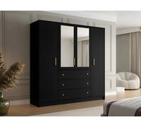 Armoire 4 portes et 3 tiroirs - Avec miroirs - L196 cm - Noir - LIZANDRO