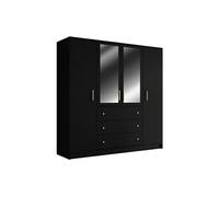 Armoire 4 portes et 3 tiroirs - Avec miroirs - L196 cm - Noir - LIZANDRO