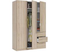 Armoire à 3 portes et 3 tiroirs, armoire de chambre à coucher, finition en couleur chêne canadien, mesures : 135 cm (L) x 200 cm (H) x 52 cm (P)