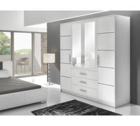 Armoire à 4 portes BALI D4, armoire avec miroir, buffet à 3 tiroirs (blanc)