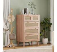 Armoire à 5 tiroirs en rotin avec 5 tiroirs, style bohème, buffet avec espace de rangement, pour chambre à coucher, salon, couloir, 60 x 34 x 91 cm, couleur bois (commode à 5 tiroirs)