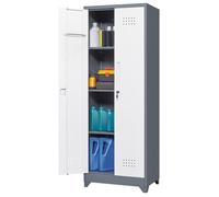 Armoire à Balais en Métal avec Portes Verrouillables - Meuble de Rangement pour outils avec Crochets -Pour Maison et Garage - blanc