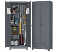 Armoire à Balais en Métal avec Portes Verrouillables - Meuble de Rangement pour outils avec Crochets -Pour Maison et Garage - gris