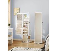 Armoire à bijoux 16 LEDs, organisateur de bijoux sur pied avec base rotative à 360°,miroir verrouillable sur，Blanc et Beige