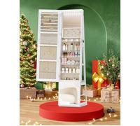 Armoire à bijoux 16 LEDs, organisateur de bijoux sur pied avec base rotative à 360°,miroir verrouillable sur，Blanc et Beige