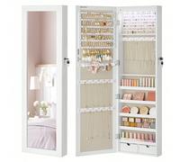 Armoire à Bijoux - SONGMICS - Blanc Boisé et Beige - Miroir et Compartiments Verrouillables