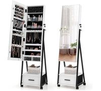 Armoire à Bijoux avec Miroir - RELAX4LIFE - 3 en 1 - 4 Roues Universelles - Miroir Pleine Longueur - Porte Verrouillable - Blanc