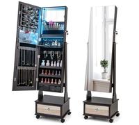 Armoire à Bijoux avec Miroir - RELAX4LIFE - Angles Réglables - Lumière LED 3 Couleurs - 4 Roues Universelles avec Serrure - Marron