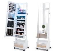 Armoire à Bijoux avec Miroir - RELAX4LIFE - Angles Réglables - Lumière LED 3 Couleurs - 4 Roues Universelles avec Serrure - Blanc