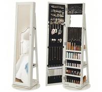Armoire à bijoux pivotante sur pieds, Meuble de rangement 3-en-1 pour cosmétiques, avec miroirs, étagères, serrure, Blanc Boisé