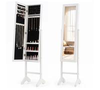 Armoire à Bijoux sur Pieds COSTWAY, Miroir Pleine Longueur, Rangement de Bijoux pour Dressing, Dispositif Anti-basculement, Blanc