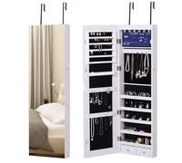 Armoire à bijoux suspendue au mur ou à la porte - HOMCOM - avec miroir - LED - 5 étagères - 2 tiroirs - 37x10x120cm effet bois grisé