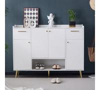 Armoire à chaussures, avec 2 tiroirs et 4 portes, 130 x 37 x 100 cm, blanche, avec pieds en métal et compartiment ouvert, commode à chaussures pour entrée et chambre à coucher, armoire avec beaucoup