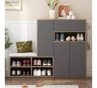 Armoire à chaussures avec banc, 140 x 100 x 35 cm, blanc/noir, avec push-to-open, pour 15 à 20 paires de chaussures, armoire avec sécurité anti-basculement pour couloir, banc à chaussures avec