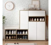 Armoire à chaussures avec banc, 140 x 100 x 35 cm, blanche, avec push-to-open, pour 15 à 20 paires de chaussures, armoire avec sécurité anti-basculement pour couloir, banc à chaussures avec étagères
