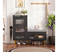 Armoire à chaussures avec banc, banc à chaussures avec assise, étagère à chaussures avec armoire latérale haute et porte en verre, paroi intermédiaire réglable, siège rembourré, banc avec espace de