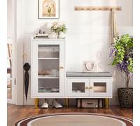 Armoire à chaussures avec banc, banc à chaussures avec assise, étagère à chaussures avec armoire latérale haute et porte en verre, paroi intermédiaire réglable, siège rembourré, banc avec espace de