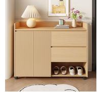 Armoire à chaussures avec roulettes 110x35x86 cm, 6 étagères réglables, porte soft-close, frein de sécurité, couleur du bois