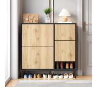 Armoire à chaussures avec tabouret de changement de chaussures, 3 abattants et étagères, 100x25x100 cm, Noir+Couleur naturelle