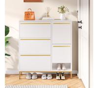 Armoire à chaussures avec tabouret de changement de chaussures, pour couloirs et chambres, 105x25x115,5 cm, Blanc+Or