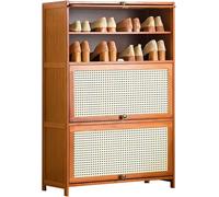 Armoire à Chaussures en Bambou Vert avec Portes en Rotin, Organisateur De Chaussures à 10 Niveaux pour L’entrée, Le Couloir, La Salle De Bain Et La Cuisine - Armo, Nature, 8tiers-27.6"