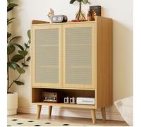 Armoire à Chaussures en Rotin Naturel Meuble Entrée Étagère à Chaussures avec 2 portes et 5 étagères pour Couloir.