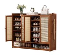 Armoire à chaussures en rotin rustique - Étagère de rangement élégante avec portes et étagères ouvertes pour couloir, salon, placard - Design fonctionnel et chic