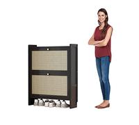 Armoire à chaussures en rotin sur pied pour entrée, meuble à chaussures en bois fin, avec 2 étagères de rangement rabattables/3 étagères rabattables, avec porte en rotin unique pour porte d'entrée,