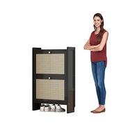 Armoire à chaussures en rotin sur pied pour entrée, meuble à chaussures en bois fin, avec 2 étagères de rangement rabattables/3 étagères rabattables, avec porte en rotin unique pour porte d'entrée,