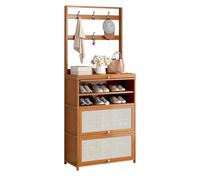 Armoire à chaussures moderne en rotin avec étagère à manteaux, commode sur pied avec 3 portes battantes, armoire en bambou pour entrée, couloir, salon, marron, 70,1 x 32 x 188 cm