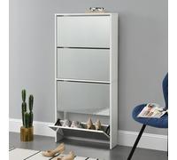 Armoire à chaussures 'Vogar' avec 4 portes miroirs pour 12 paires de chaussures 134 x 63 x 17 cm Blanc