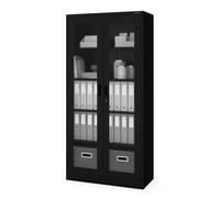 Armoire à dossiers Armoire médicale Armoire de bureau Armoire à portes battantes Vitrine en verre 4 étagères Acier Verrouillable 185 cm x 90 cm x 40 cm Couleur : Noir