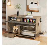 Armoire à litière pour chat sur roulettes avec station d'alimentation et bac de récupération de sable, 100 cm, en bois (marron gris antique), commode mobile pour litière pour chat, meuble caché (sans