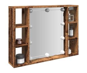 Armoire à miroir, avec lumières LED, aspect bois vieilli, 76 x 15 x 55 cm, avec port USB, montage mural et grand espace de rangement, design moderne, pour chambre à coucher et salon