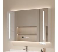 Armoire à Miroir LED Moderne avec Affichage de la température et du Temps de désembuage, unité de Rangement Murale de Salle de Bain, Cadre en Bois, lumière Tricolore Suspendue, idé