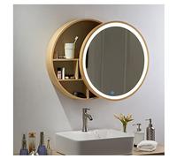 Armoire à Miroir Ronde pour Salle de Bain, Armoire à Pharmacie LED Murale, Armoire à Miroir Push-Pull avec lumière, avec étagère de Rangement (Couleur : Beige, Taille : 70 cm)