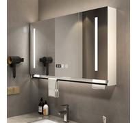 Armoire à pharmacie avec miroir et lumières LED, miroir mural de salle de bain avec rangement, désembuage en un clic, design rectangulaire, interrupteur tactile, barre porte-serviettes