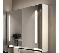 Armoire à pharmacie avec miroir et lumières LED, miroir mural de salle de bain avec rangement, désembuage en un clic, design rectangulaire, interrupteur tactile, barre porte-serviettes