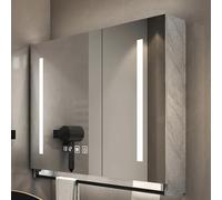 Armoire à pharmacie avec miroir et lumières LED, miroir mural de salle de bain avec rangement, désembuage en un clic, design rectangulaire, interrupteur tactile, barre porte-serviettes