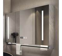 Armoire à pharmacie avec miroir et lumières LED, miroir mural de salle de bain avec rangement, désembuage en un clic, design rectangulaire, interrupteur tactile, barre porte-serviettes