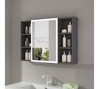 Armoire à pharmacie de salle de bain avec lumière antibuée et porte miroir ouverte, étagères de rangement ouvertes, organisateur de maquillage derrière miroir, solution de rangement de salle de bain