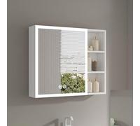 Armoire à pharmacie de salle de bain avec lumière LED, miroir antibuée, étagères ouvertes pour le rangement, organisateur de maquillage derrière le miroir, finition blanche moderne, design peu