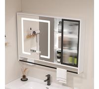 Armoire à pharmacie murale de salle de bain avec miroir Smart Antibuée LED Vanity Cabinet tricolore Affichage de l'heure Rangement en bois et barre porte-serviettes