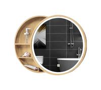 Armoire à pharmacie ronde à LED avec miroir et lumière vive pour chambre à coucher, salon, coiffeuse, salle de bain, entrée, couleur bois, design élégant